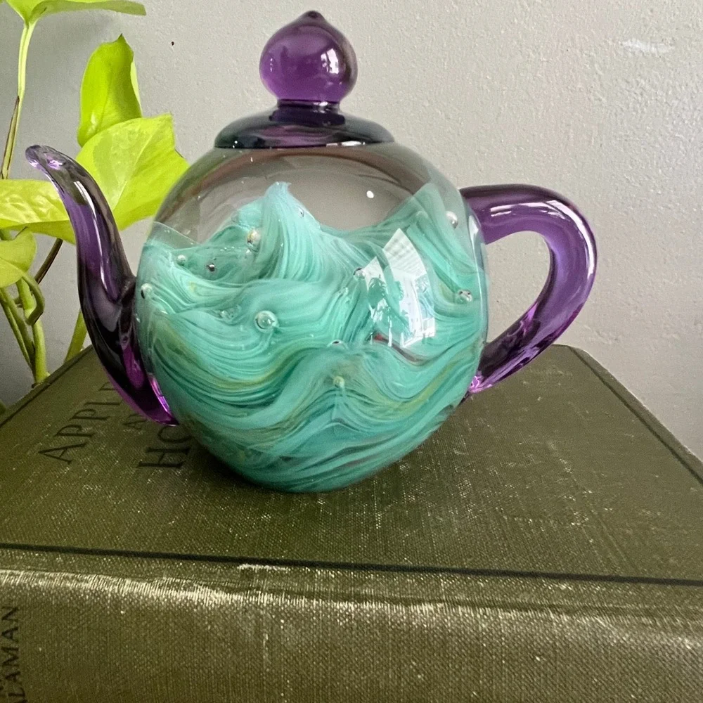 Art Glass Teapot Paperweight Teal Swirl Purple Spout Controlled Bubble Decor